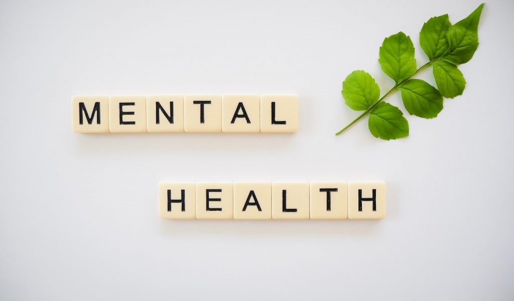 Mental Health written in san serif font on a scrabble pieces. There is a small branch with green leaves in the top right corner.
